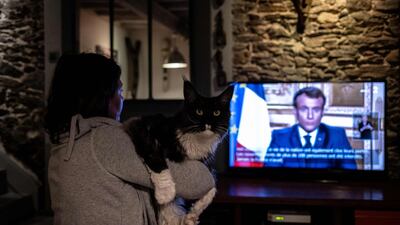 A person in Givord, near Lyon, holds a cat while watching French President Emmanuel Macron give a televised address to the nation on the outbreak of coronavirus, on March 16, 2020. AFP