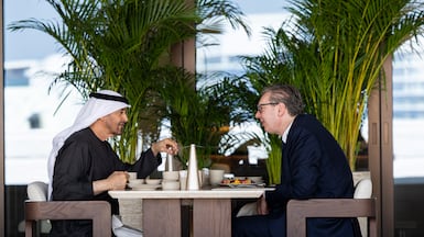President Sheikh Mohamed with Aleksandar Vucic, President of Serbia, on Wednesday. Ryan Carter / UAE Presidential Court