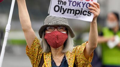 A demonstrator protests against the Tokyo 2020 Olympics.