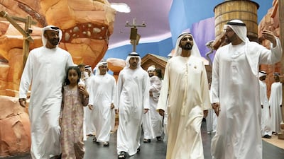 Sheikh Mohammed bin Rashid, Sheikh Mohammed bin Zayed, Sheikha Fatima bint Mohammed, and Mohammed Khalifa Al Mubarak, attend the opening of Warner Bros. World Abu Dhabi. Seen with Sheikh Hamdan. Hamad Al Kaabi / Crown Prince Court - Abu Dhabi