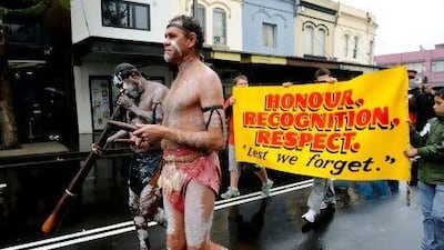 Aborigines in traditional dress take part in Anzac Day commemorations in Sydney in 2011. It was not until 2007 that nationwide ceremonies were held to honour Aboriginal war veterans.