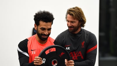 Liverpool star Mohamed Salah during a training session after testing negative for Covid-19 ahead of the Champions League Group D stage match against Atalanta. Getty