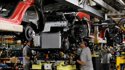 Workers on the production line at Nissan's car plant in Sunderland, Britain, on October 10, 2019. Reuters
