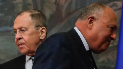 Sergey Lavrov (L) and Sameh Shoukry at a joint news conference in Moscow on Tuesday. EPA