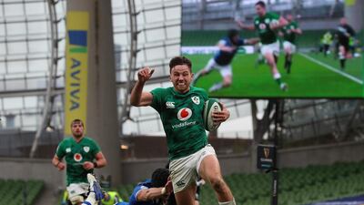 Ireland winger Hugo Keenan scoring a try that was later disallowed, during their Six Nations victory against Italy at the Aviva Stadium in Dublin, on Saturday, October 24. AFP