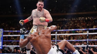 Andy Ruiz knocks down Anthony Joshua during the third round. AP