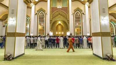 Morning prayers on the first day of Ramadan at the Al Salam Mosque in Al Barsha 2, Dubai. Antonie Robertson / The National