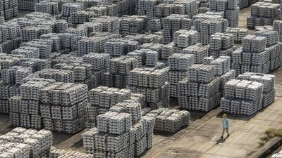 Aluminium ingots at a stockyard in Wuxi, Jiangsu province, China. The metal rose more than 40 per cent in 2021. Bloomberg