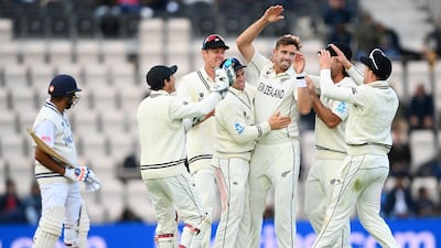 New Zealand bowler Tim Southee celebrates with teammates after taking the wicket of India's Rohit Sharma on Day 5 of World Test Championship final, on Tuesday, June 22. Getty