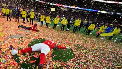 Kansas City Chiefs offensive tackle Wanya Morris celebrates after the NFL Super Bowl 58 football game against the San Francisco 49ers. AP