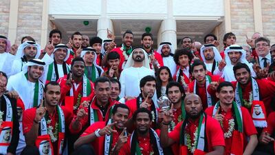 January: The UAE Vice President and Prime Minister and Ruler of Dubai, His Highness Sheikh Mohammed bin Rashid met at his Palace in Za'beel the members of the UAE National Football Team who won the 21st Gulf Cup title in Bahrain. Picture courtesy of Wam