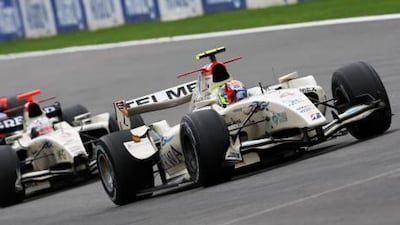 Sergio Perez celebrates winning at Spa in the GP2 Series in August.