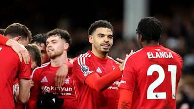 Morgan Gibbs-White of Nottingham Forest celebrates scoring his team's second goal with teammate Anthony Elanga. Getty Images