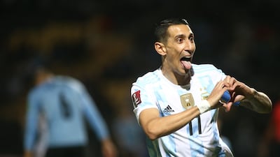 Angel di Maria of Argentina celebrates after scoring the winner against Uruguay in Montevideo. EPA