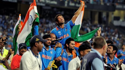 India's Sachin Tendulkar is carried by his team mates after they beat Sri Lanka in the 2011 World Cup final in Mumbai. Reuters