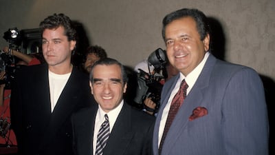 Liotta, Martin Scorsese and Paul Sorvino during the 'Goodfellas' premiere at the Museum of Modern Art in New York in 1990. Getty Images
