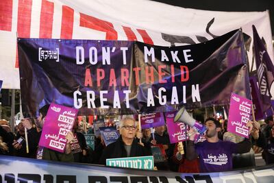 Israelis and Israeli Arabs protest against US President Trump's peace plan as they march in Tel Aviv, Israel, on Saturday. EPA