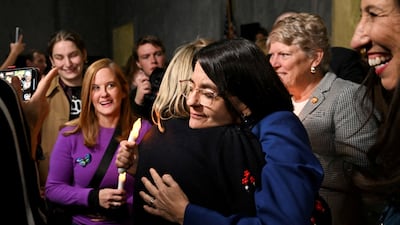 Representative Becca Balint embraces Jeffrey Epstein victim Danielle Bensky after the Senate passed the bill. Reuters