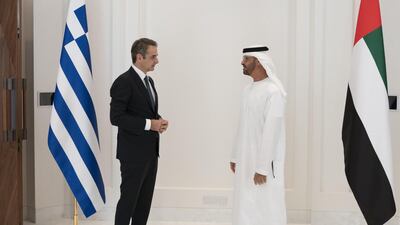 Sheikh Mohamed bin Zayed, Crown Prince of Abu Dhabi and Deputy Supreme Commander of the UAE Armed Forces, meets Kyriakos Mitsotakis, the Prime Minister of Greece, on Wednesday. Courtesy: Sheikh Mohamed bin Zayed Twitter