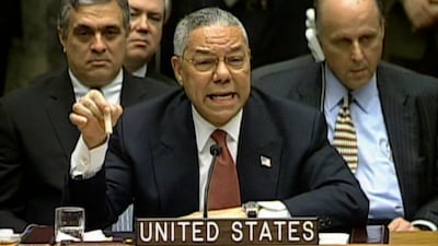 Then-US secretary of state Colin Powell makes case for a war in Iraq at the UN in 2003.