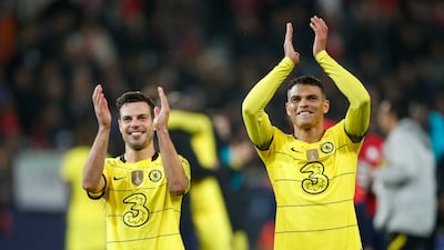 Chelsea's Cesar Azpilicueta and Thiago Silva celebrate after beating Lille 2-1 to make the Champions League last eight. AP