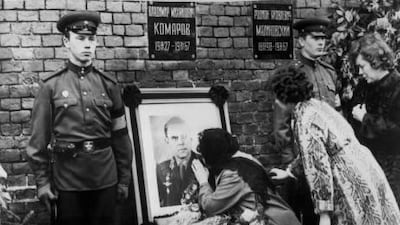 Valentina Komarova, the widow of Vladimir Komarov, at his official funeral in April 1967 at Red Square in Moscow. The cosmonaut’s death in the faulty Soyuz 1 spacecraft inspired Brett Dean’s composition, Komarov’s Fall, which is to be performed by the Berlin Philharmonic at the Emirates Palace hotel this evening, as part of the Abu Dhabi Classics season.