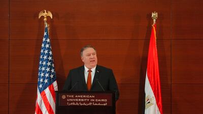 US Secretary of State Mike Pompeo speaks during his visit at the American University in Cairo. EPA