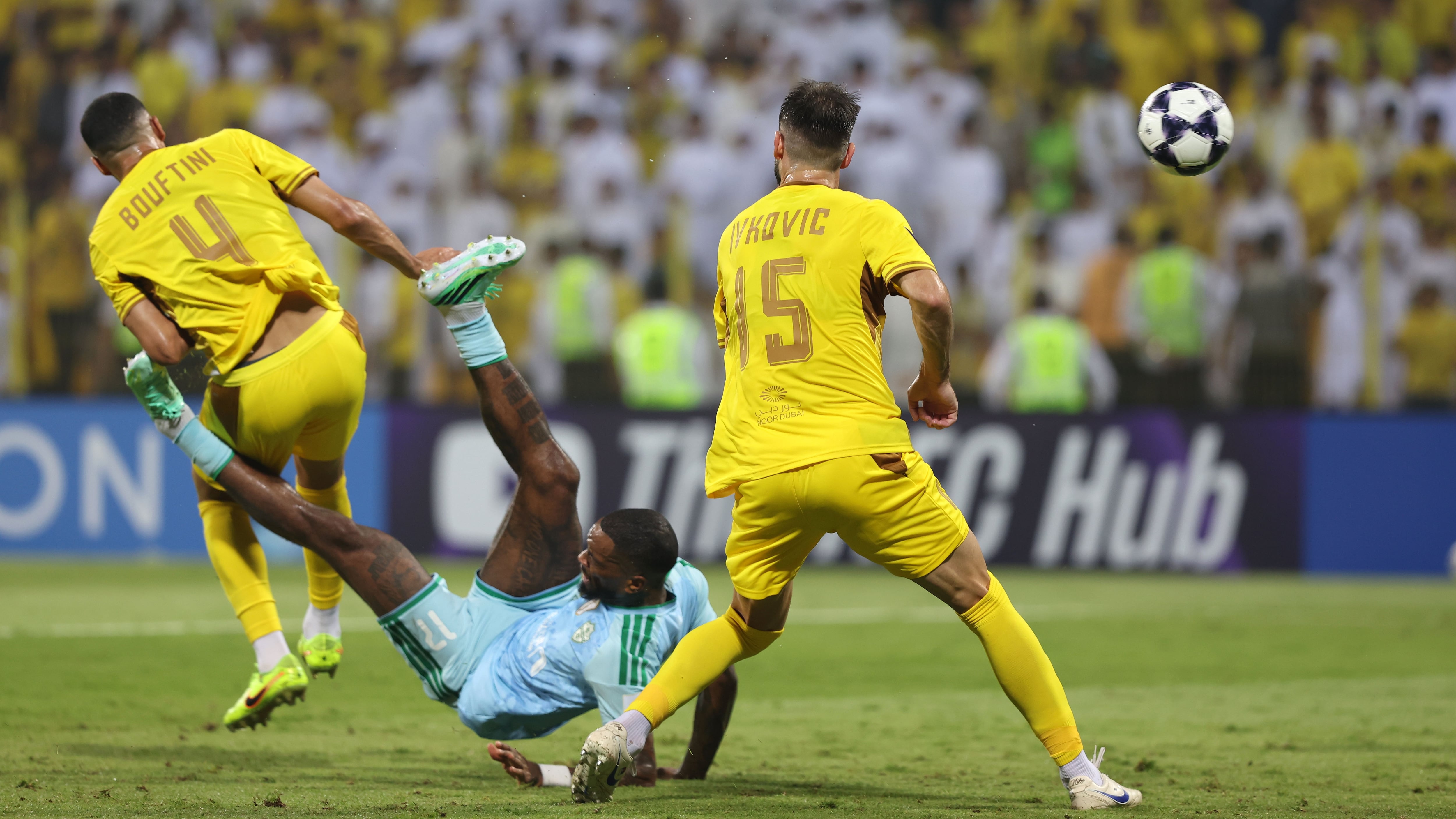 Al Ahli's Ivan Toney attempts a bicycle kick. Chris Whiteoak / The National