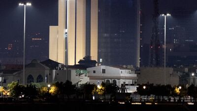 The Mubadala building in Abu Dhabi is lit up to mark Sultan Al Neyadi's return to Earth from the International Space Station. Photo: Abu Dhabi Media Office