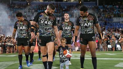 GOLD COAST, AUSTRALIA - FEBRUARY 22: Quaden Bayles runs onto the field before the NRL match between the Indigenous All-Stars and the New Zealand Maori Kiwis All-Stars at Cbus Super Stadium on February 22, 2020 on the Gold Coast, Australia. (Photo by Jason McCawley/Getty Images)