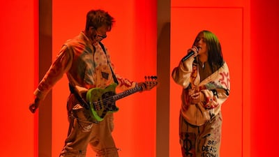 Billie Eilish and Finneas perform during the American Music Awards at the Microsoft Theatre on November 22, 2020 in Los Angeles. AP