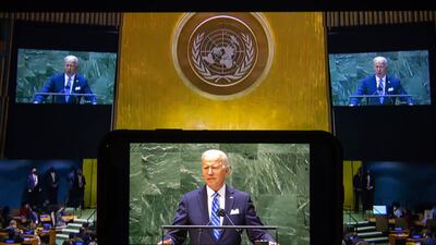 US President Joe Biden speaks during the UN General Assembly in New York. Bloomberg