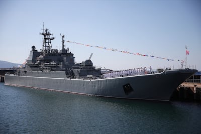 The 'Olenegorsky Gornyak' warship moored at Novorossiysk on the Black Sea before Friday's attack. AP