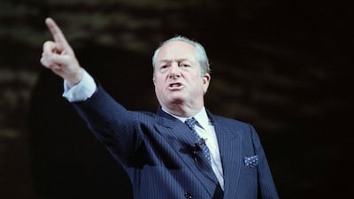 French leader and founder of the French far-right party Front national (FN) Jean-Marie Le Pen gestures during a political meeting in Paris in 1988. AFP
