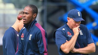 England fast bowler Jofra Archer, left, may need more time to recover completely from a side strain. Lindsey Parnaby / AFP