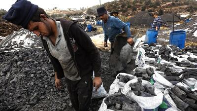Workers fill bags with charcoal in the West Bank village of Yabed, near Jenin. Charcoal making has been a family tradition for the 10,000 Palestinians who have been living in the area. Alaa Badarneh / EPA