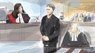 A courtroom sketch of Nathaniel Veltman. The Canadian Press / AP