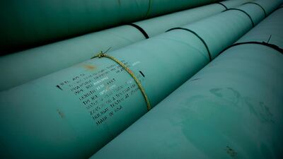 Pipes stacked at the southern end of the Keystone XL pipeline in Cushing, Oklahoma. One of the first actions of President Joe Biden's administration was to block construction of the pipeline carrying crude from Canada. AFP / Getty Images