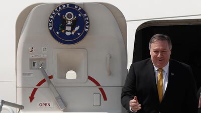 Mr. Pompeo exits his plane as he arrives at Rafik Hariri international airport in Beirut. AP Photo