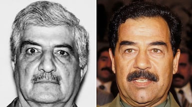 Raad Alanbagi, left, is alleged to have been an intelligence officer in the regime of Saddam Hussein, right. Photos: US Homeland Security Investigations/ Getty Images