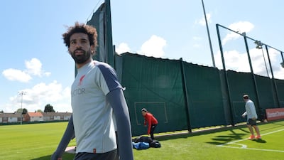 Mohamed Salah takes part in training session at the Melwood Training ground in Liverpool. AFP