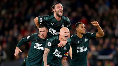 Jonjo Shelvey, centre, celebrates with teammates after scoring against Sheffield United during his team's 2-0 win in the Premier League at Bramall Lane in December, 2019. Getty