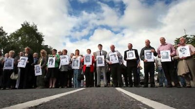 Relatives of those shot dead on Bloody Sunday march in silence in Londonderry, Northern Ireland today ahead of the release of the long-awaited Saville report.