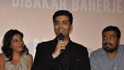 Bollywood Fimmakers Dibakar Banerjee, Zoya Akhtar and Karan Johar during unveiling of the trailer of Bombay Talkies. IANS