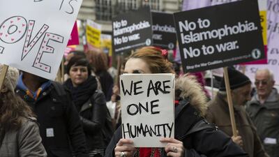 Demonstrators are pictured at a rally led by Stand Up To Racism on March 19, 2016 in London. Mike Kemp/In Pictures via phocalmedia.com