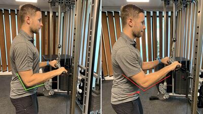 During a triceps pull-down press, keep your elbows by your sides. Think of squeezing an object between your ribs and elbows. Avoid moving the elbows forwards as this will redistribute the force throughout other muscles. Courtesy Diversified Integrated Sports Clinic