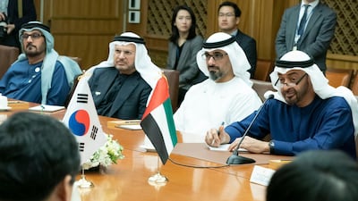 Sheikh Mohamed bin Zayed, Sheikh Khaled bin Mohamed, Dr Anwar Gargash, and Hussain Al Hammadi attend a meeting with Moon Hee-sang.