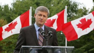Prime Minister Stephen Harper announces the election at a news conference as he leaves Rideau Hall in Ottawa Sunday, Sept. 7, 2008 after he asked Governor General Michaelle Jean to dissolve Parliament and issue the formal writ setting the election. Canadians will vote in a federal election Tuesday, Oct. 14, 2008.