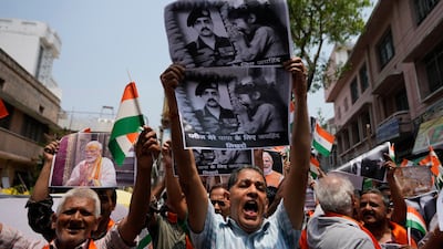 Activists of right-wing Hindu groups protest against the killing of Indian army soldiers in the Doda district of Jammu. AP