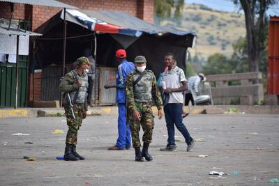 Lesotho soldiers are seen on the streets of Maseru on March 30, 2020 enforcing the lockdown ordered by Prime Minister Thomas Thabane. AFP